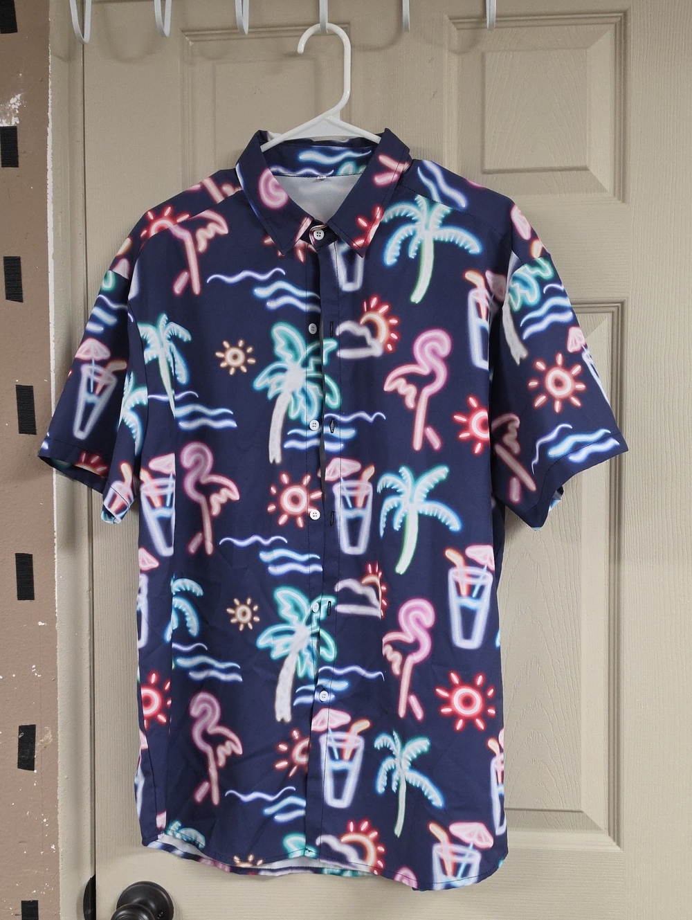 Men's Navy Neon Tropical Print Short-Sleeve Shirt